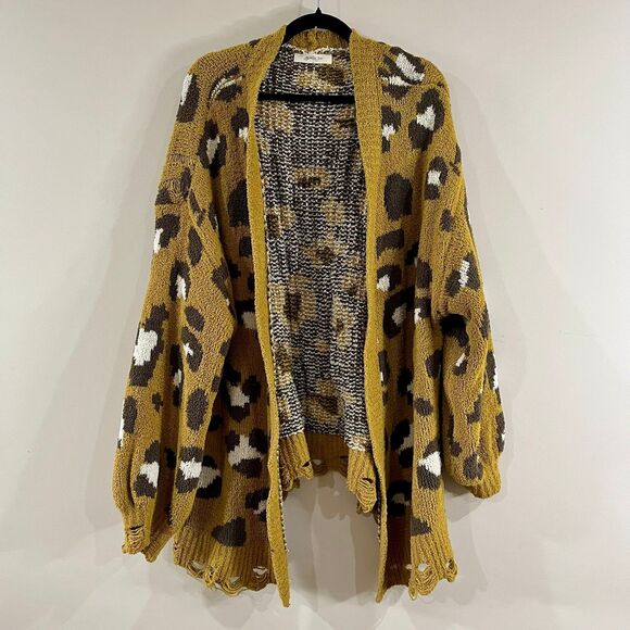 ARULA Sweaters - Arula A Beautiful Soul Leopard Mustard Chunky Knit Distressed Cardigan size 2X